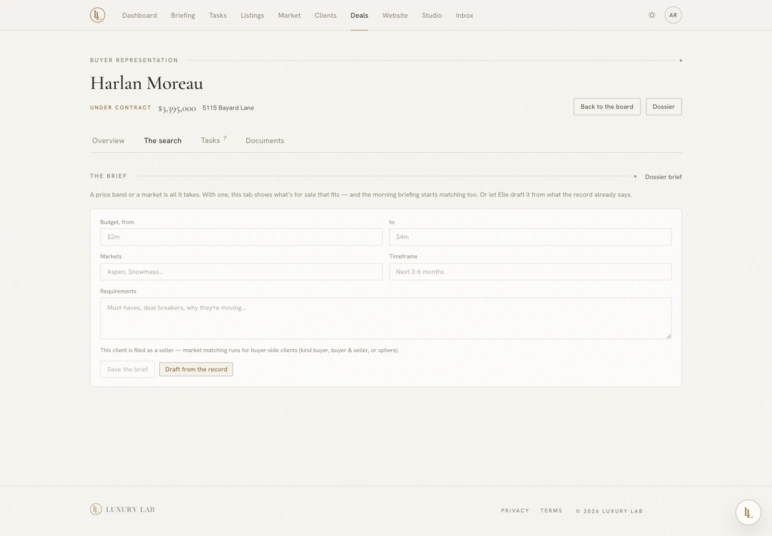 The Search tab of a buyer deal: the brief, and live market matches beneath it