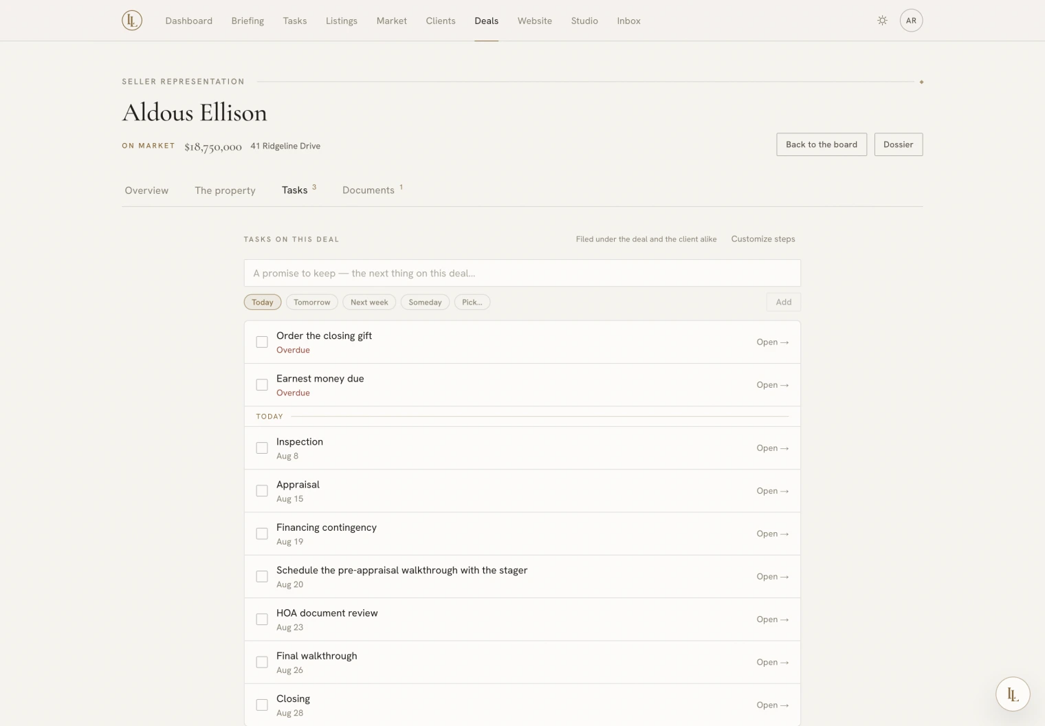 The Tasks tab of a deal: overdue items, then today, then the dated steps of the transaction