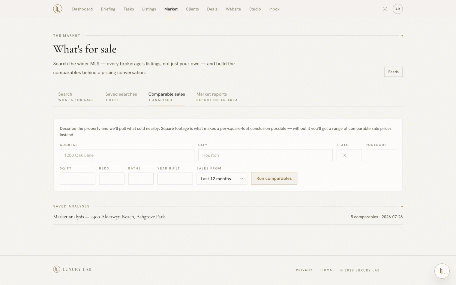 The comparables form: address, city, state, postcode, square footage, beds, baths, year built, and a sales window