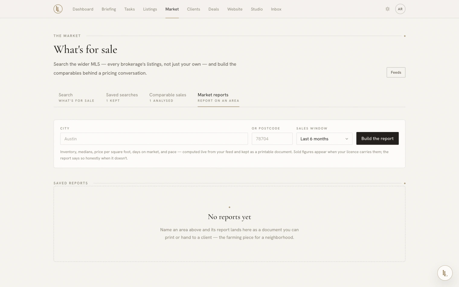 The area report starter: a city or postcode, a sales window, and a Build the report button