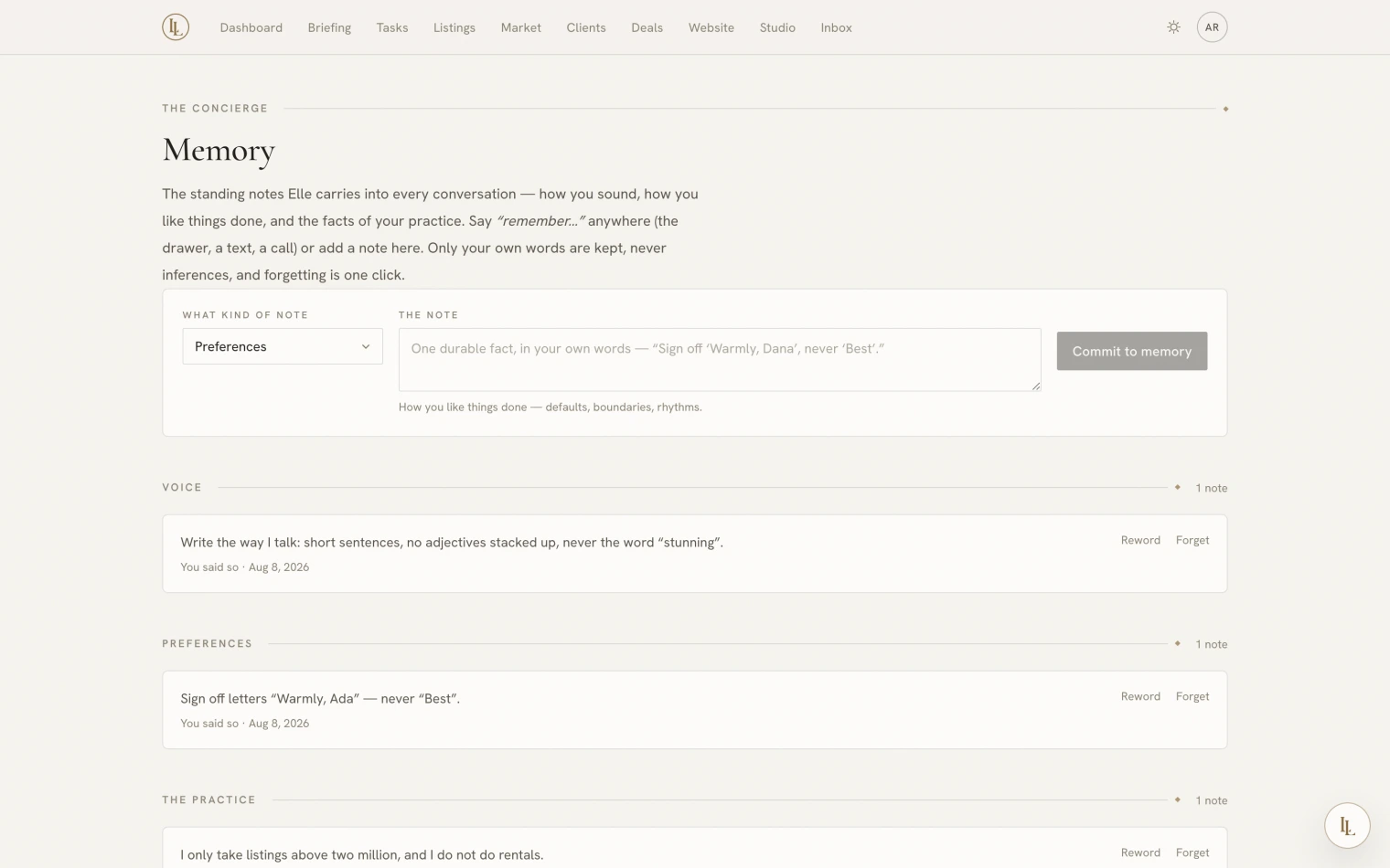 The memory page: a kind of note, the note itself, and a Commit to memory button